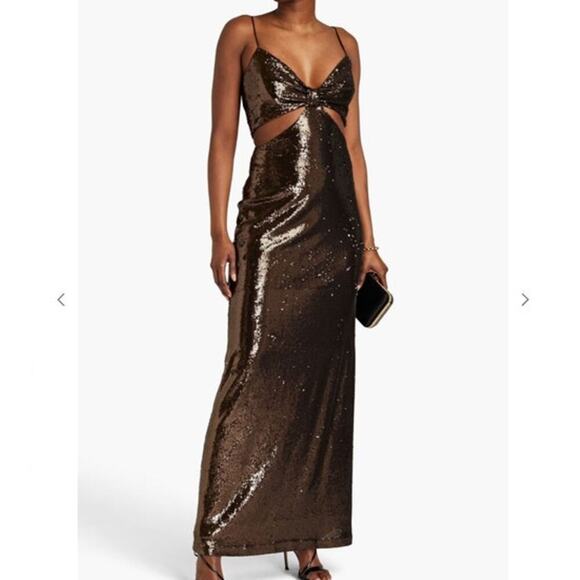 HALSTON Chloe Gown Maxi Dress in Sequins Espresso Brown Size 12 - Picture 2 of 16